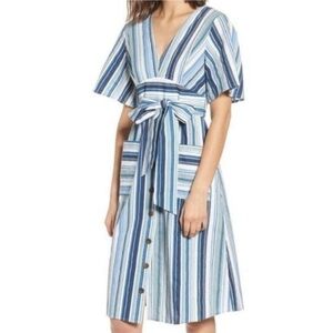 Moon River Blue White Nautical Striped Belt Midi Short Sleeve V Neck Sundress